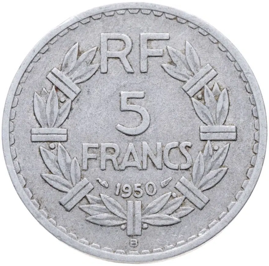 Франция 5 франков (francs) 1950 B  знак монетного двора: "B" - Бомон-ле-Роже, аверс