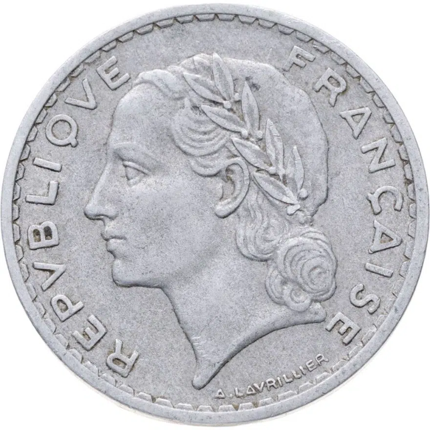 Франция 5 франков (francs) 1950 B  знак монетного двора: "B" - Бомон-ле-Роже, реверс