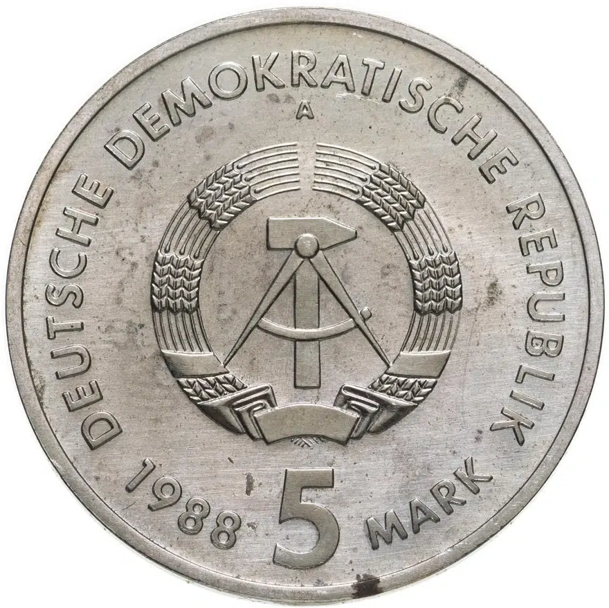 Германия (ГДР) 5 марок (mark) 1988  150 лет первой железной дороге Германии - паровоз "Саксония", реверс