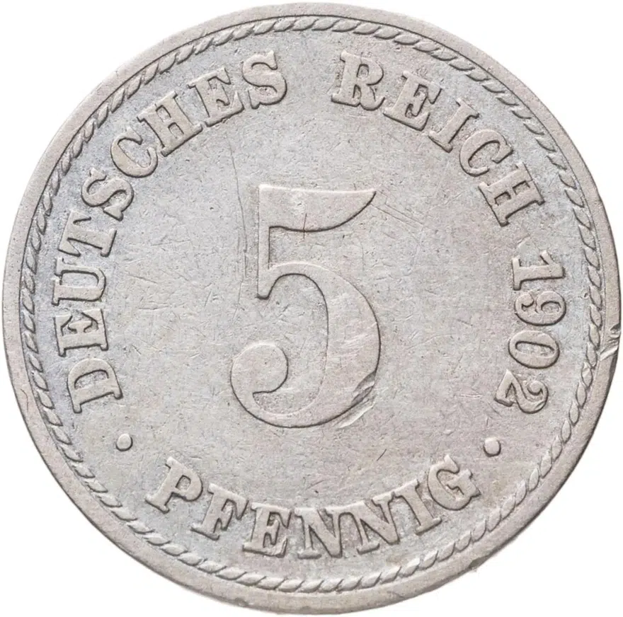 Германия 5 пфеннигов (pfennig) 1902 A  знак монетного двора: "A" - Берлин, аверс