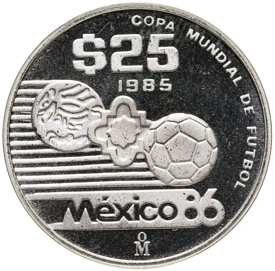 Мексика 25 песо (pesos) 1985  Чемпионат мира по футболу 1986 - Иероглифы и мяч