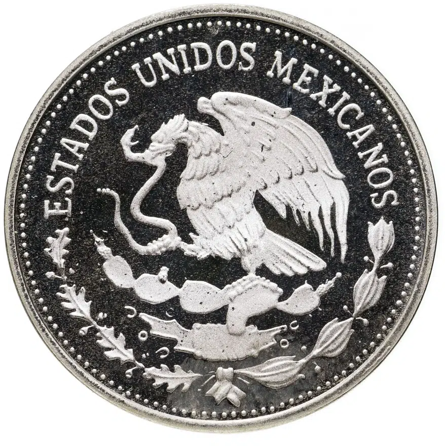 Мексика 25 песо (pesos) 1985  Чемпионат мира по футболу 1986 - Иероглифы и мяч, реверс