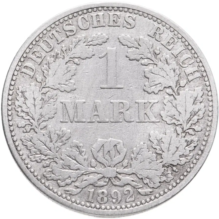 Германия 1 марка (mark) 1892 A  знак монетного двора: "A" - Берлин, реверс