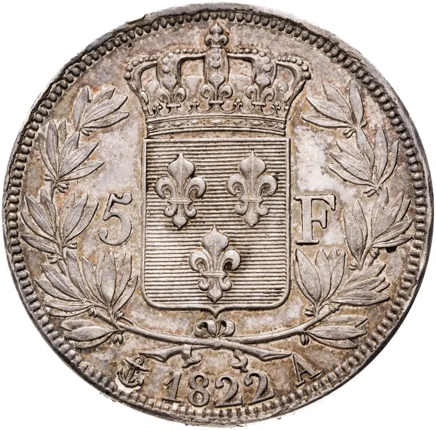 Франция 5 франков (francs) 1822, реверс