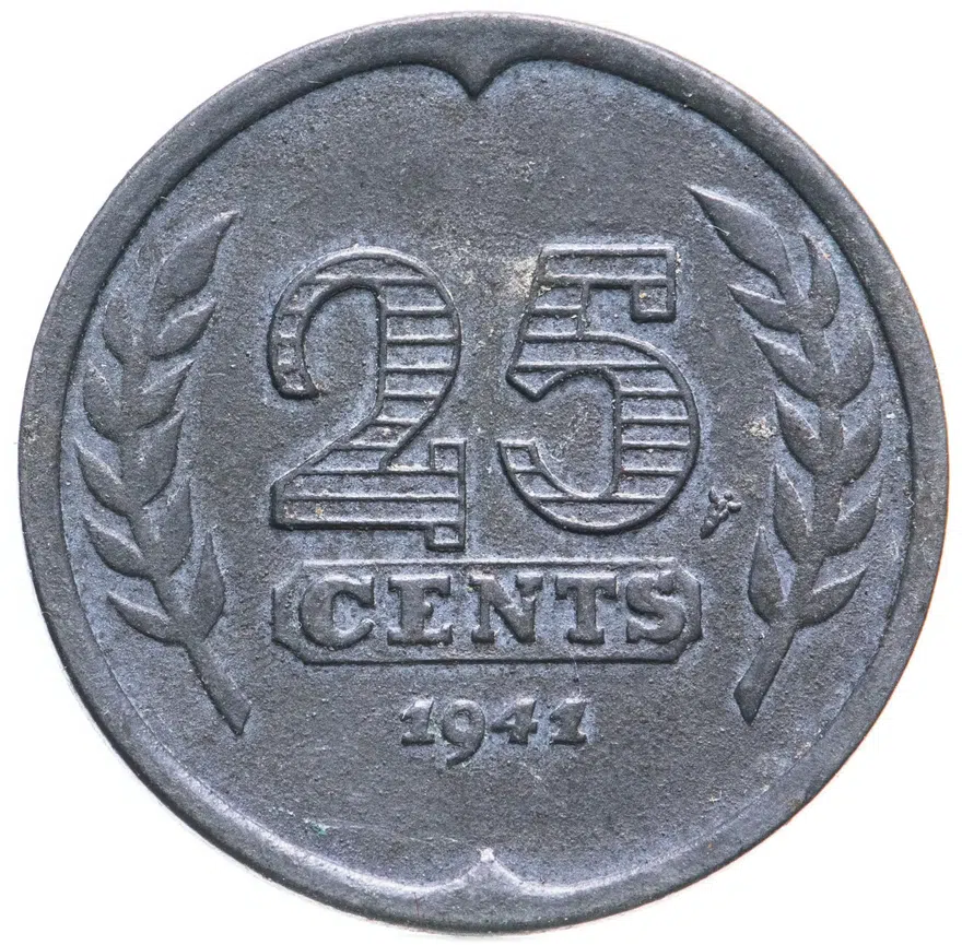 Нидерланды 25 центов (cents) 1941   Лодка на аверсе /Цинк/, аверс