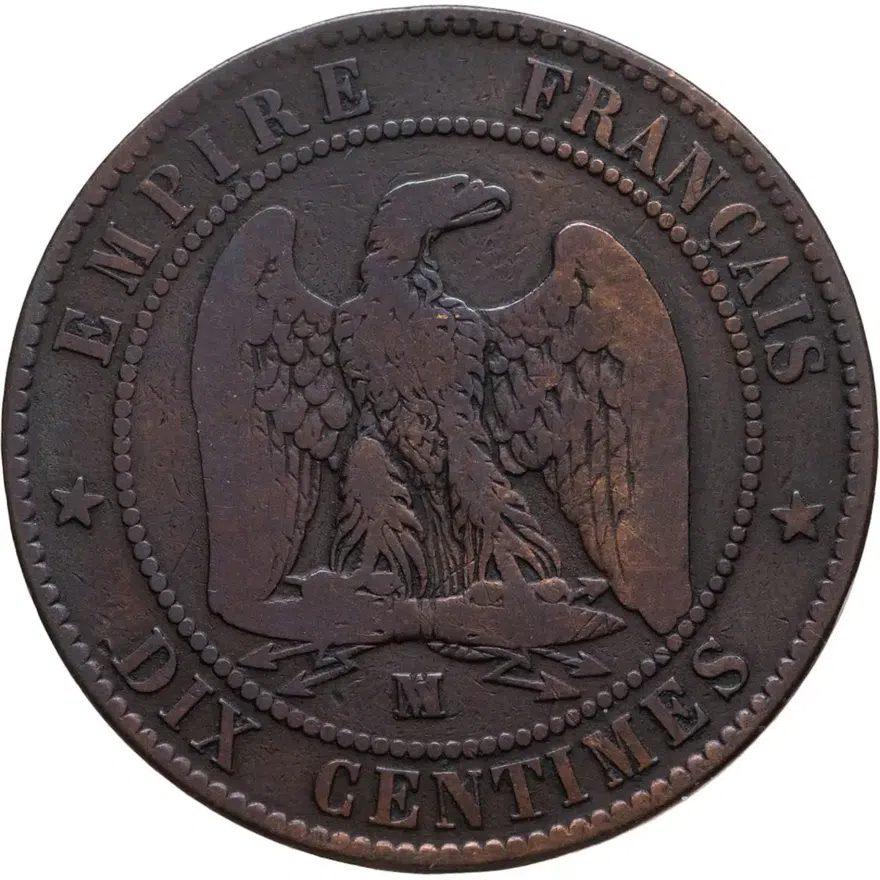 Франция 10 сантимов (centimes) 1854 MA  знак монетного двора: "MA" - Марсель, реверс