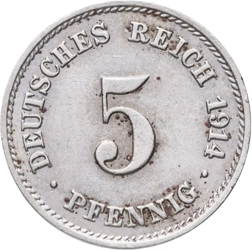 Германия 5 пфеннигов (pfennig) 1914 J  знак монетного двора: "J" - Гамбург, аверс
