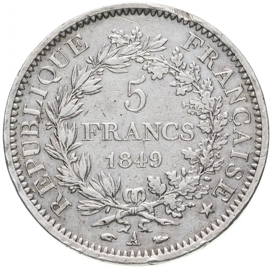 5 франков (francs) 1849 A Геркулес знак монетного двора: "A" - Париж, реверс
