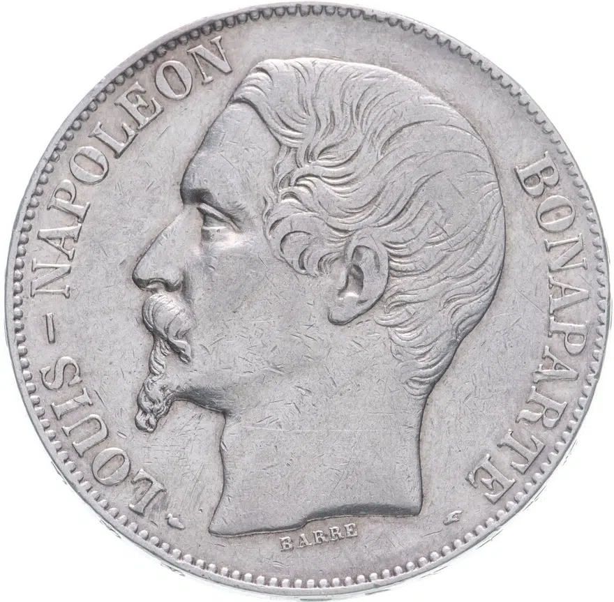 Франция 5 франков (francs) 1852 A  знак монетного двора: "A" - Париж