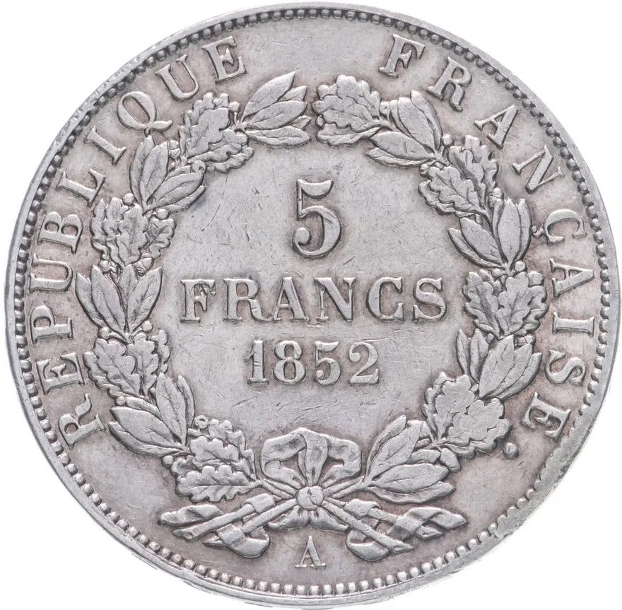 Франция 5 франков (francs) 1852 A  знак монетного двора: "A" - Париж, реверс