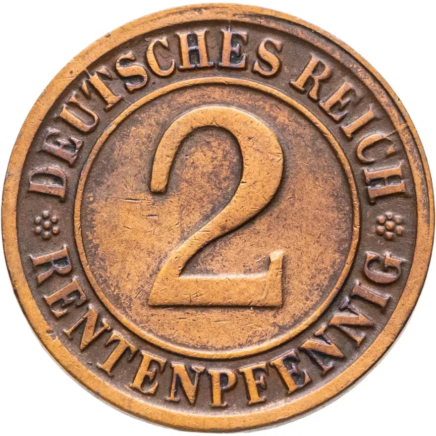 Германия 2 пфеннига (рентенпфеннига, rentenpfennig) 1924 D  знак монетного двора "D" — Мюнхен, аверс