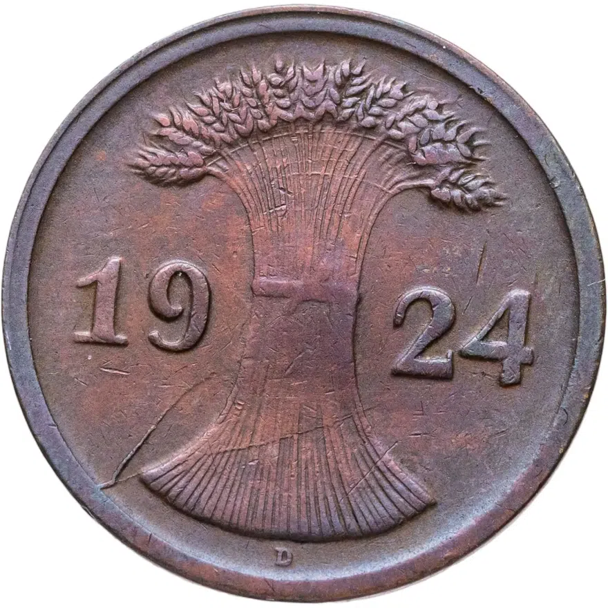 Германия 2 пфеннига (рентенпфеннига, rentenpfennig) 1924 D  знак монетного двора "D" — Мюнхен, реверс