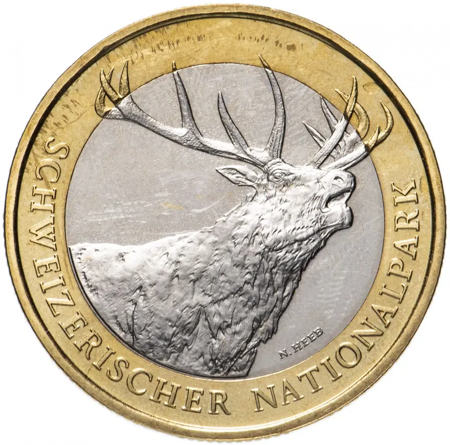 Швейцария 10 франков (francs) 2009 "Швейцарский национальный парк - олень"