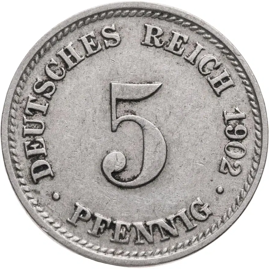 Германия 5 пфеннигов (pfennig) 1902 D  знак монетного двора: "D" - Мюнхен, аверс