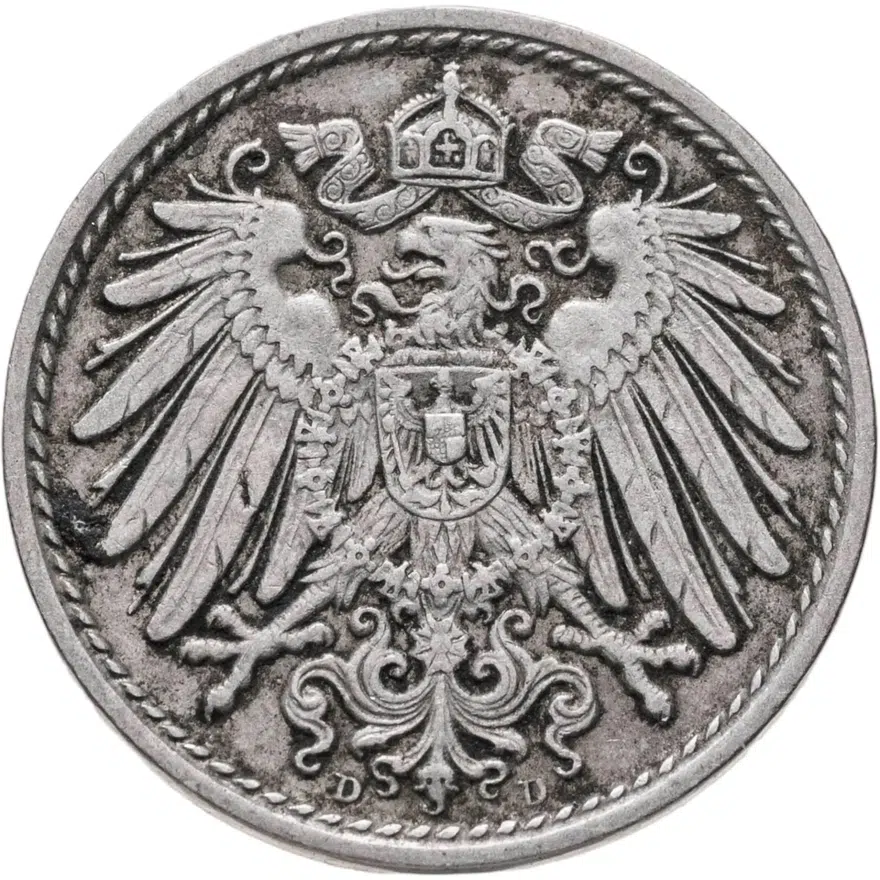 Германия 5 пфеннигов (pfennig) 1902 D  знак монетного двора: "D" - Мюнхен, реверс