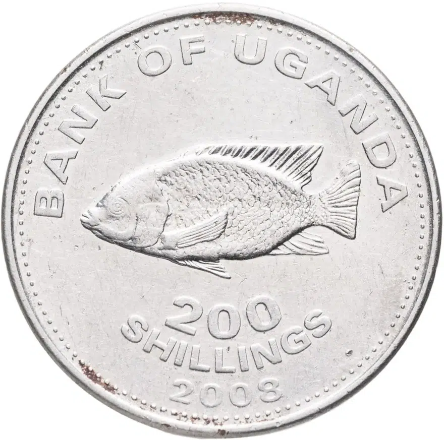 Уганда 200 шиллингов (shillings) 2008  Сталь с никелевым покрытием /магнетик/, реверс