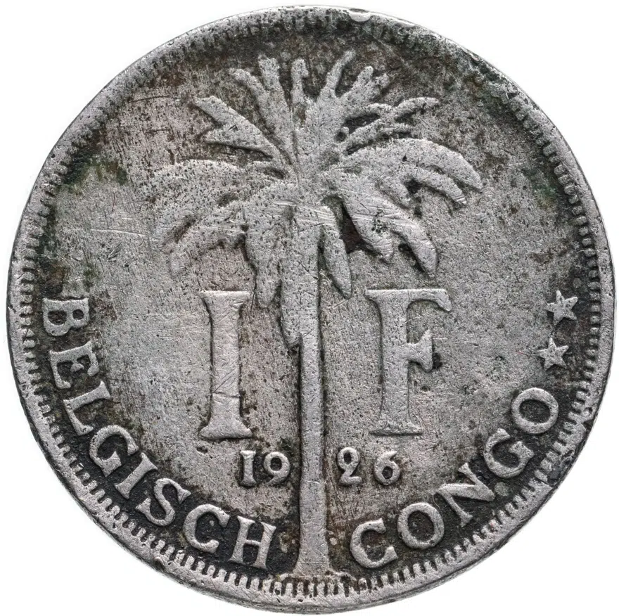 Бельгийское Конго 1 франк (franc) 1926   надпись на голландском - "ALBERT KONING DER BELGEN"