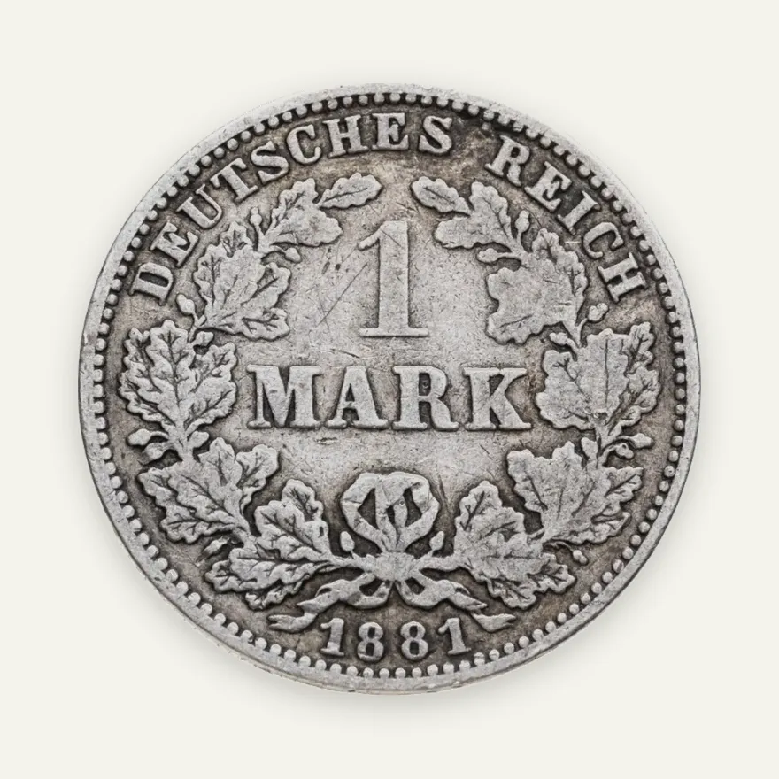 Германия 1 марка (mark) 1881 J  знак монетного двора: "J" - Гамбург