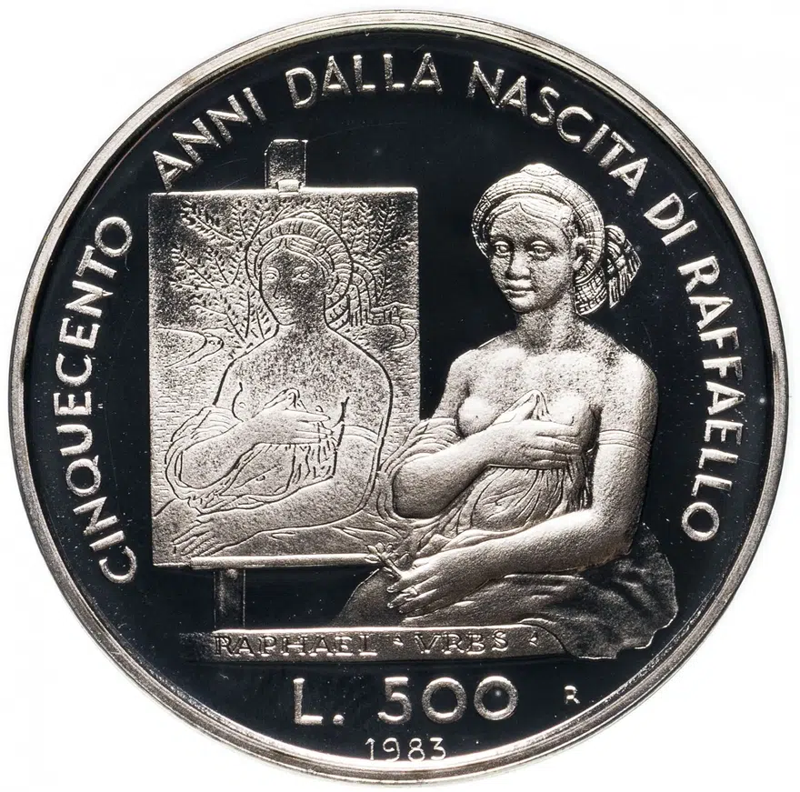 Сан-Марино 500 лир (lire) 1983 "500 лет со дня рождения Рафаэля", реверс
