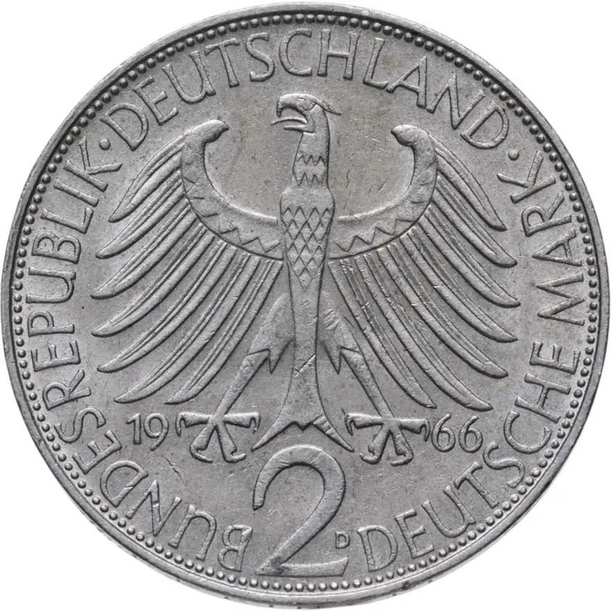 Германия (ФРГ) 2 марки 1966 Макс Планк знак монетного двора: "D" - Мюнхен, аверс