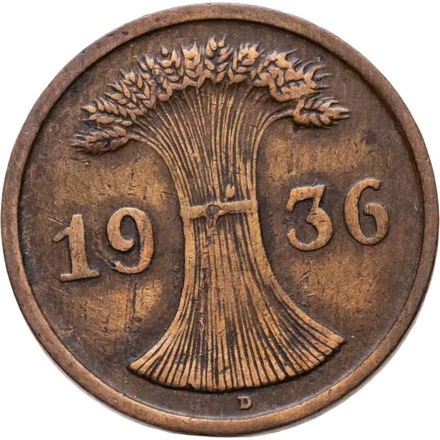 Германия 2 рейхспфеннига (reichspfennig) 1936 D  знак монетного двора "D" — Мюнхен, реверс