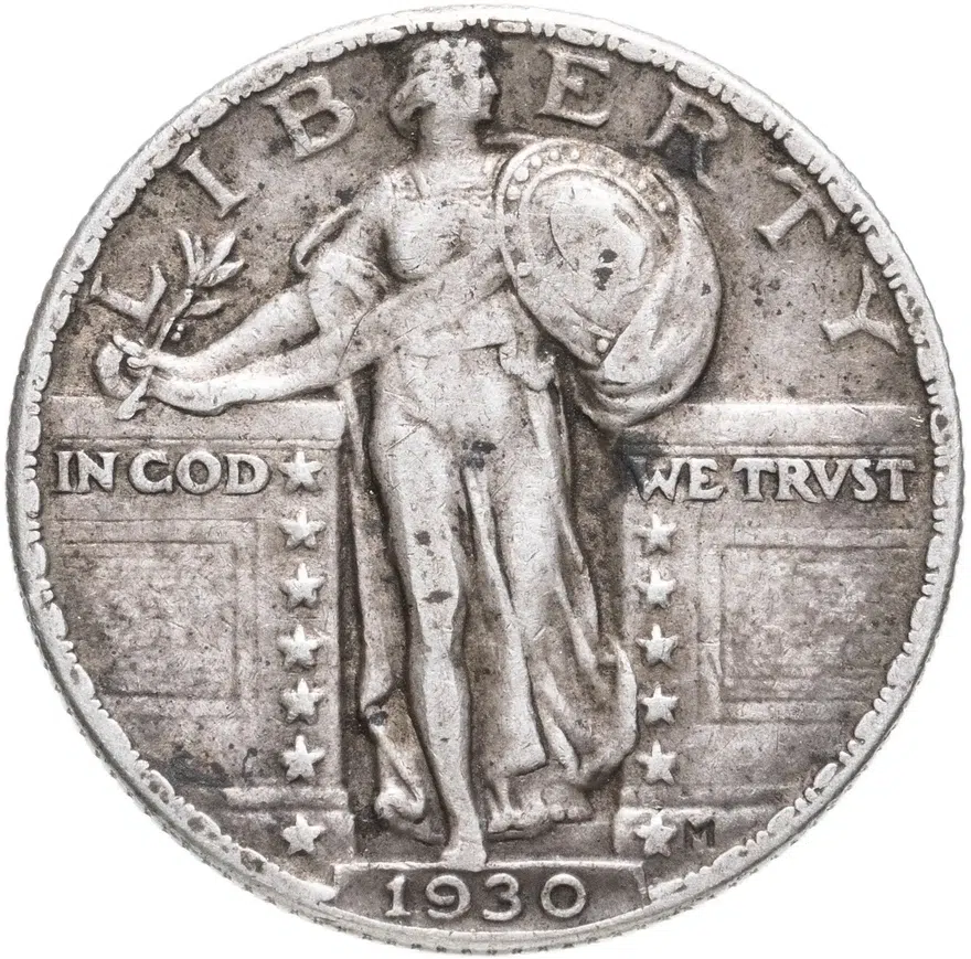 США 25 центов (квотер, 1/4 доллара, quarter dollar) 1930 S Standing Liberty Quarter знак монетного двора: "S" - Сан-Франциско, аверс