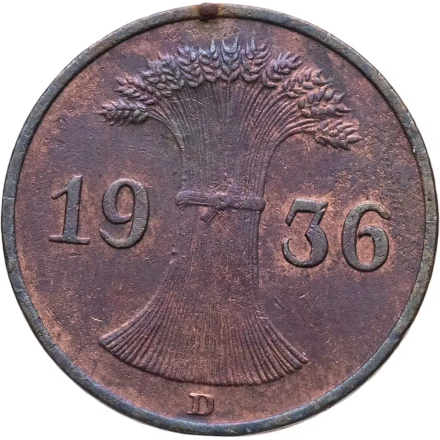 Германия 1 рейхспфенниг (reichspfennig) 1936 D  знак монетного двора "D" — Мюнхен, аверс