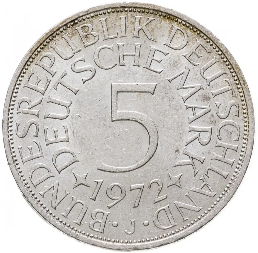 Германия 5 марок (mark) 1972 J  знак монетного двора: "J" - Гамбург