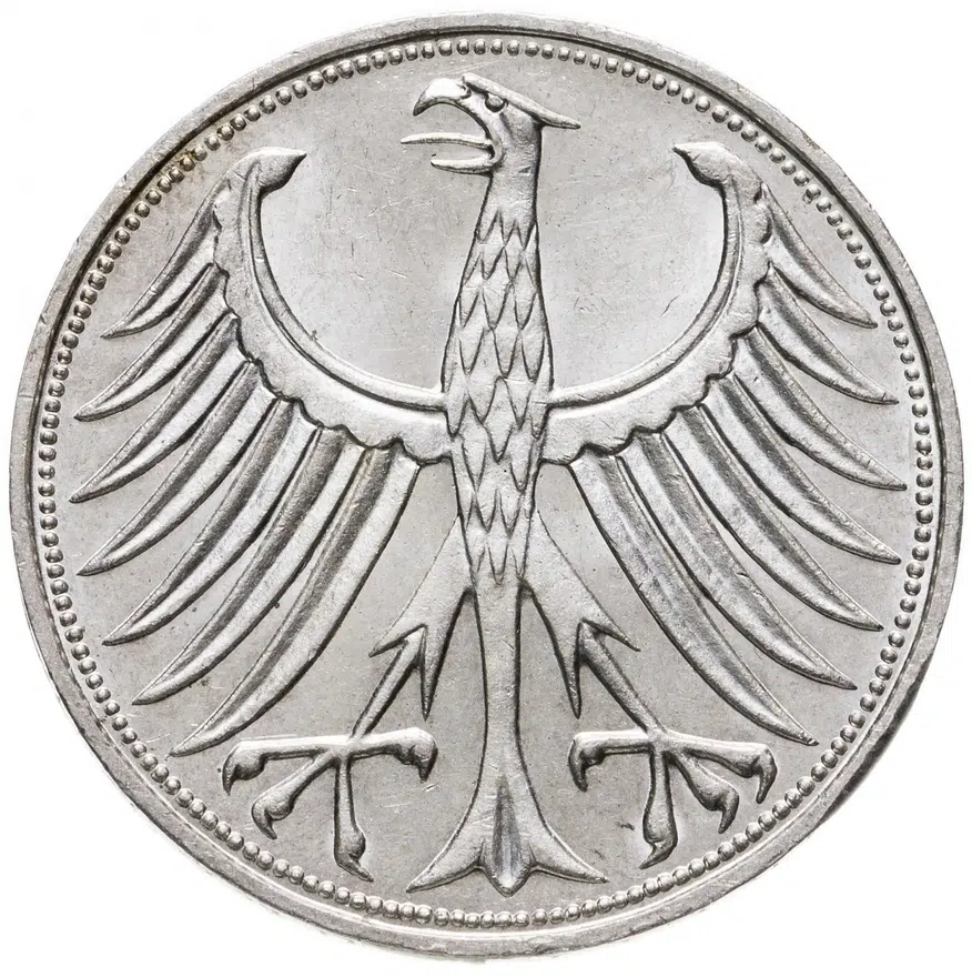 Германия 5 марок (mark) 1972 J  знак монетного двора: "J" - Гамбург, реверс
