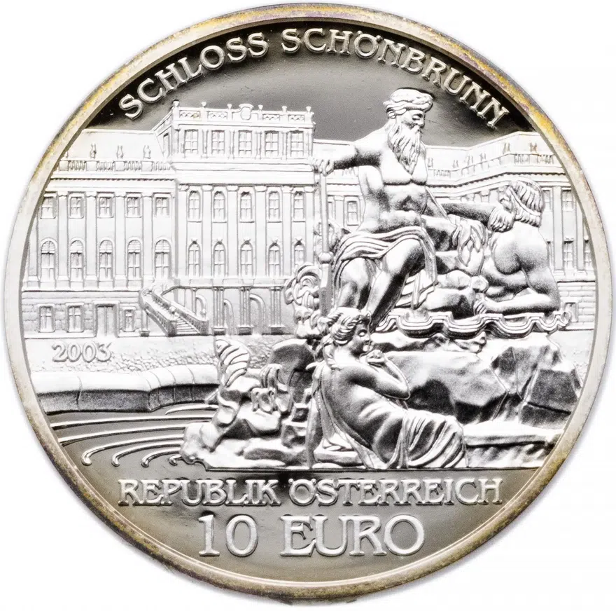 Австрия 10 евро (euro) 2003 "Дворец Шёнбрунн" в футляре с сертификатом, реверс