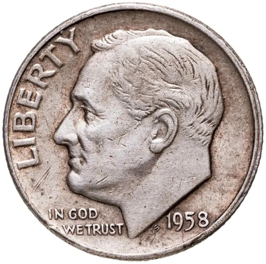 США 10 центов (дайм, one dime) 1958 D Silver Roosevelt Dime (Рузвельт) знак монетного двора "D" - Денвер, аверс