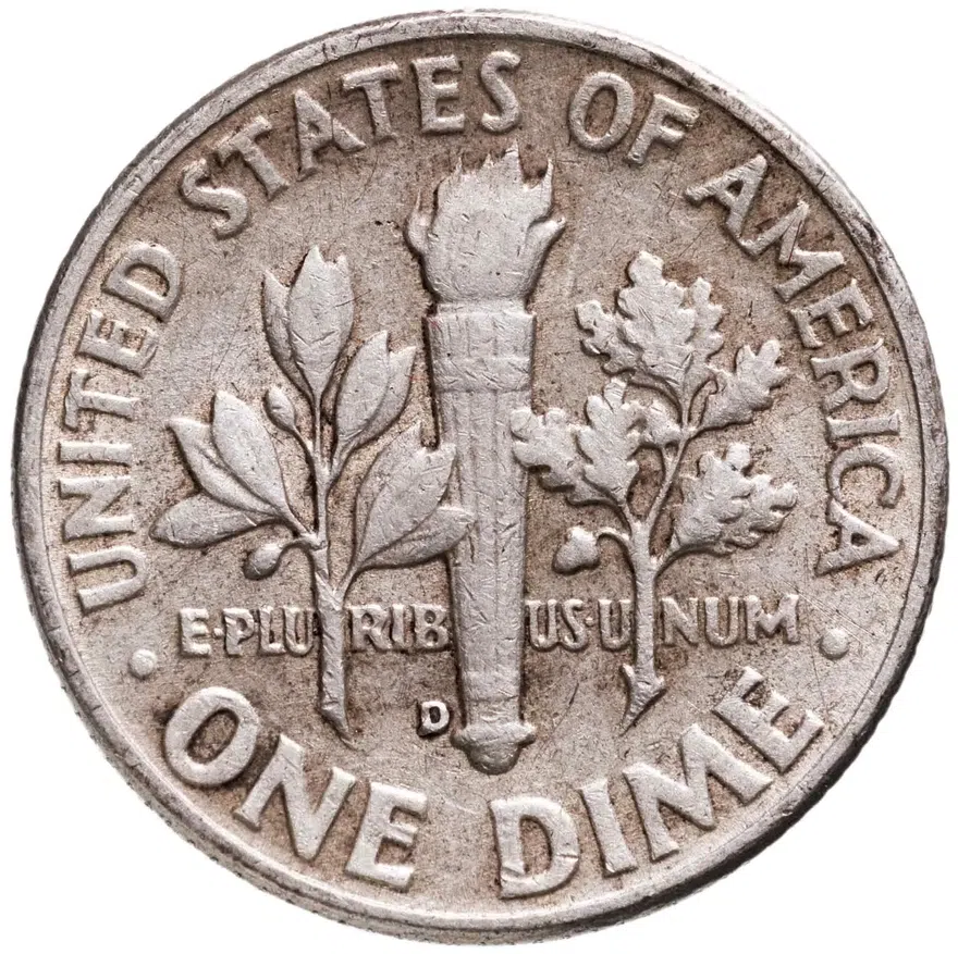 США 10 центов (дайм, one dime) 1958 D Silver Roosevelt Dime (Рузвельт) знак монетного двора "D" - Денвер, реверс
