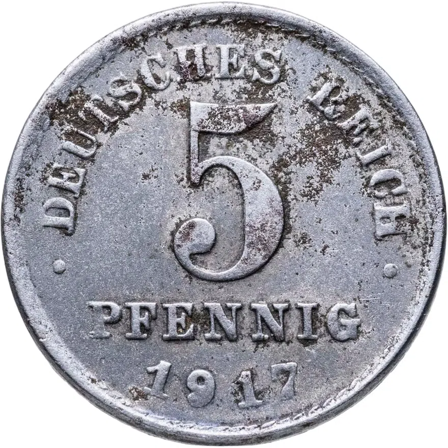 Германия 5 пфеннигов (pfennig) 1917 D  знак монетного двора: "D" - Мюнхен, аверс