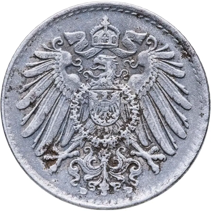 Германия 5 пфеннигов (pfennig) 1917 D  знак монетного двора: "D" - Мюнхен, реверс