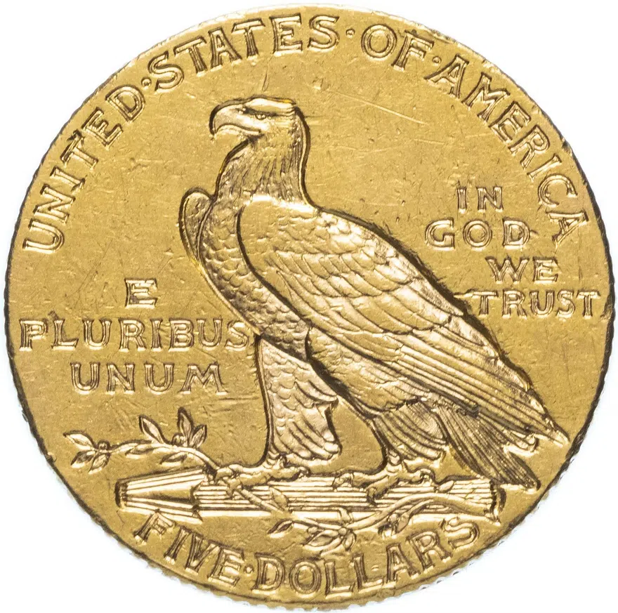 США 5 dollars (долларов) 1908 "Indian Head (голова индейца)", аверс