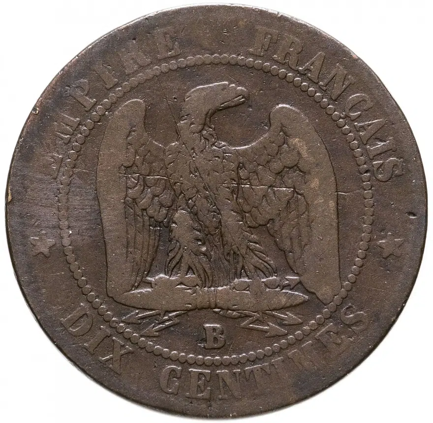 Франция 10 сантимов (centimes) 1856 B  знак монетного двора: "B" - Руан, реверс