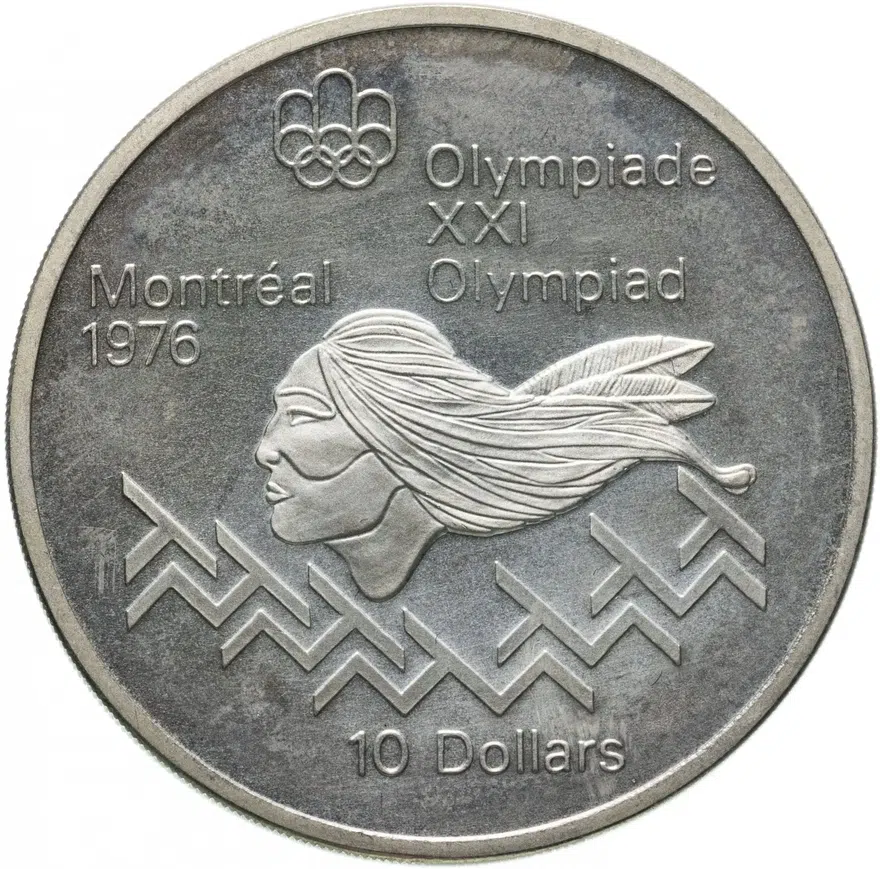 Канада 10 dollars (долларов) 1975 "XXI летние Олимпийские Игры, Монреаль 1976 - бег с препятствиями", аверс