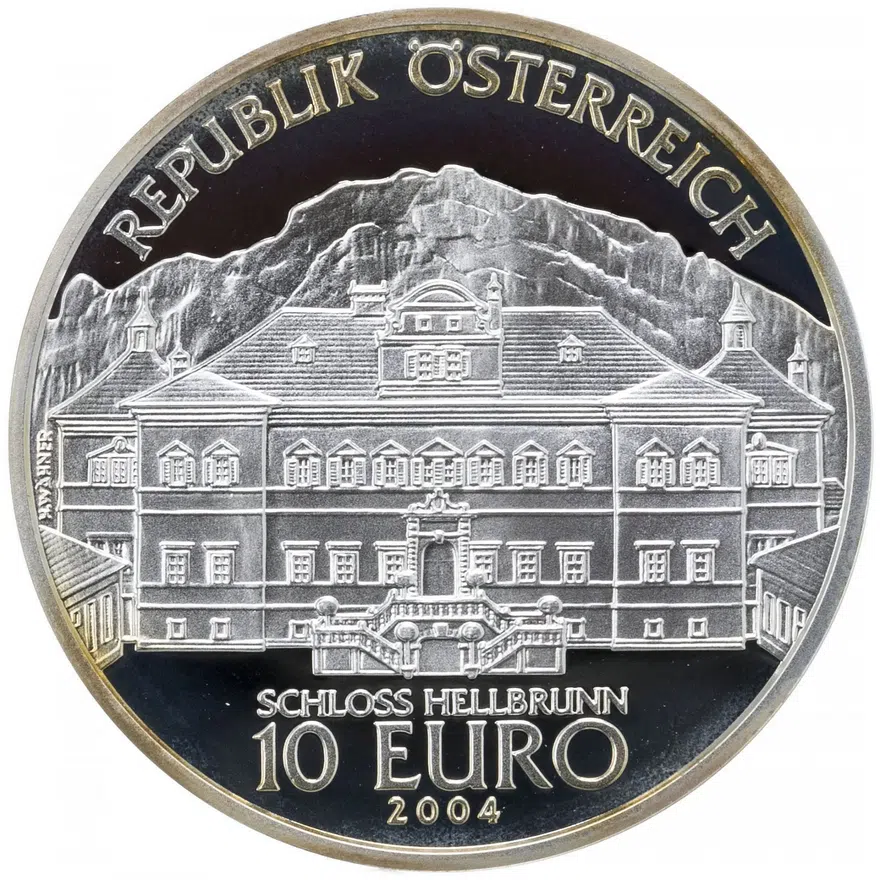 Австрия 10 евро (euro) 2004 "Замок Хельбрунн" в футляре с сертификатом, реверс