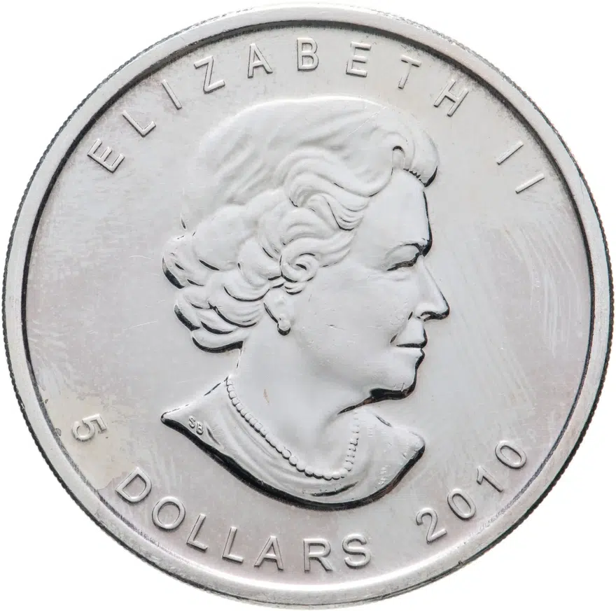Канада 5 долларов (dollars) 2010  Canadian Silver Maple Leaf (кленовый лист), реверс