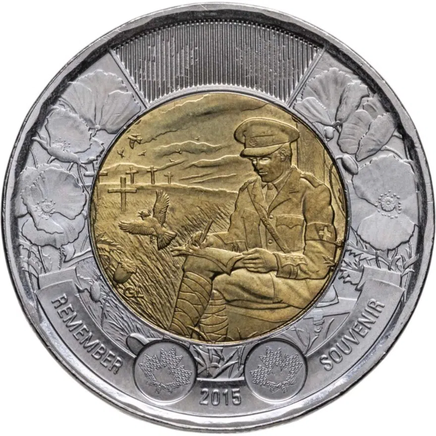 Канада 2 dollars (доллара) 2015 100 лет стихотворению "На полях Фландрии"