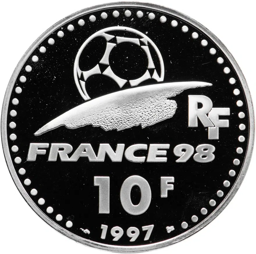 Франция 10 франков (francs) 1997 Чемпионат мира по футболу 1998 - Англия 1966, реверс