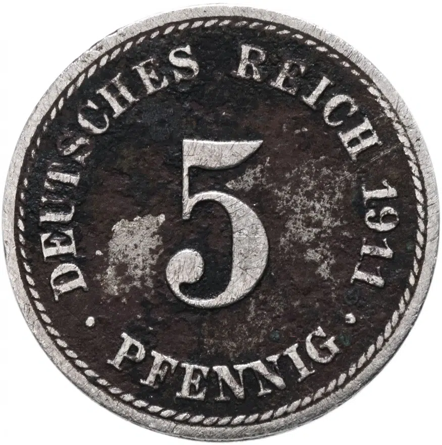 Германия 5 пфеннигов (pfennig) 1911 A знак монетного двора: "A" - Берлин, аверс