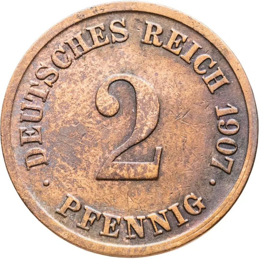 Германия 2 пфеннига (pfennig) 1907 E  знак монетного двора: "E" - Мульденхюттен, аверс