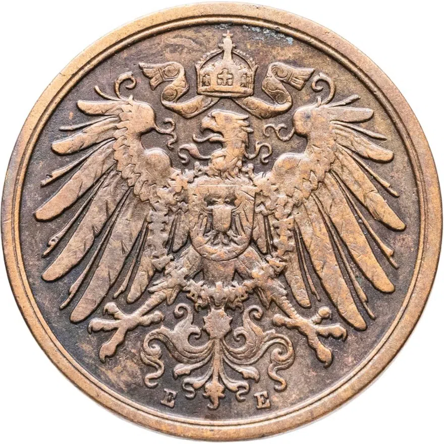 Германия 2 пфеннига (pfennig) 1907 E  знак монетного двора: "E" - Мульденхюттен, реверс