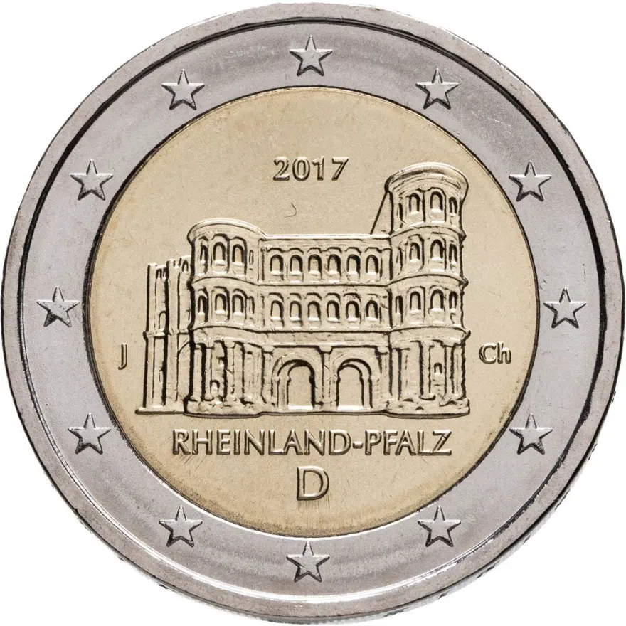 Германия 2 евро (euro) 2017 Федеральные земли: Рейнланд-Пфальц - Порта Нигра, знак монетного двора "J" - Гамбург, аверс