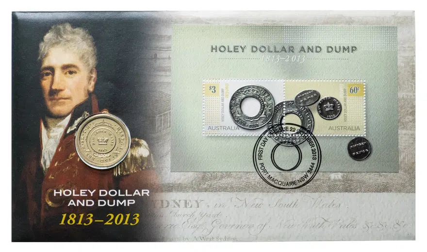 Австралия 1 доллар (dollar) 2013 C 200 лет Дырявому доллару знак монетного двора: "C" - Канберра, в конверте с марками, аверс