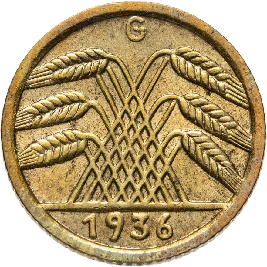 Германия 5 рейхспфеннигов (reichspfennig) 1936 G, старый тип, знак монетного двора "G" — Карлсруэ