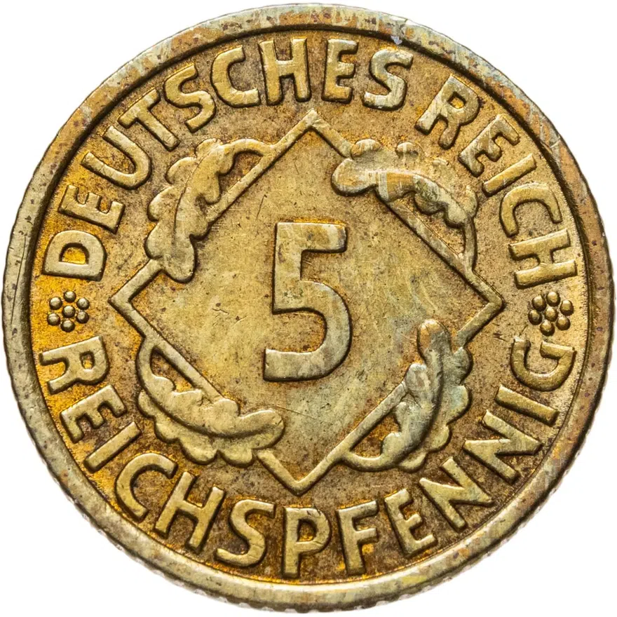 Германия 5 рейхспфеннигов (reichspfennig) 1936 G, старый тип, знак монетного двора "G" — Карлсруэ, реверс