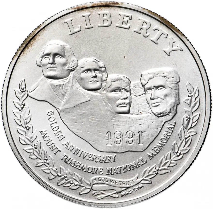 США 1 доллар (dollar) 1991 P 50 лет Национальному мемориалу Рашмор, аверс