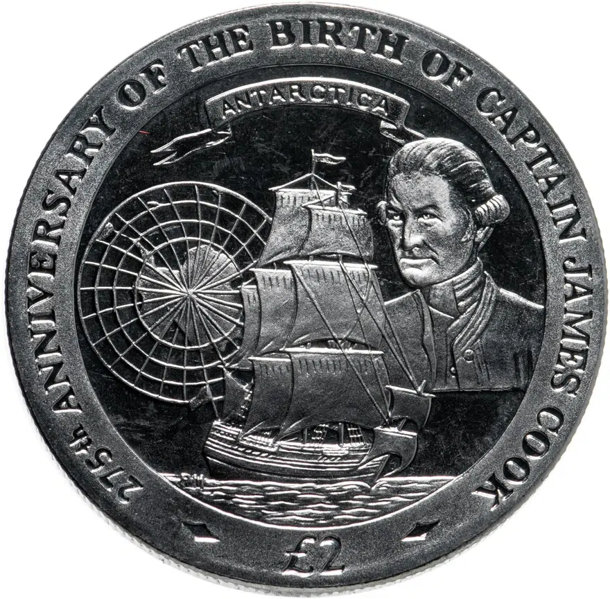 Южная Георгия 2 фунта (pounds) 2003  275 лет со дня рождения Джеймса Кука
